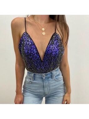 For Love & Lemons Purple Sequin Deep V Cami